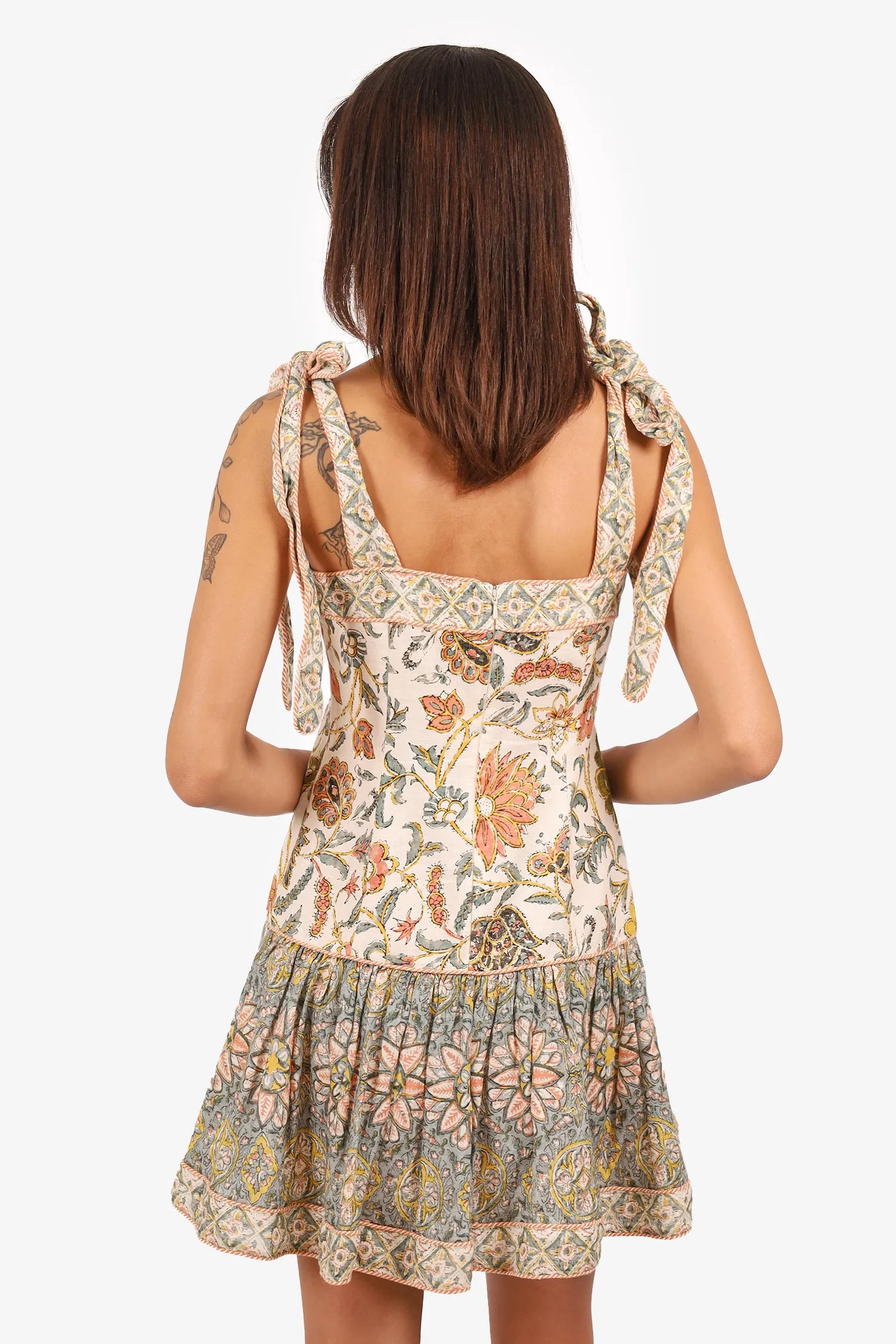 Zimmermann Robe mini nouée en lin à imprimé floral Beige/Multicolore Taille 1