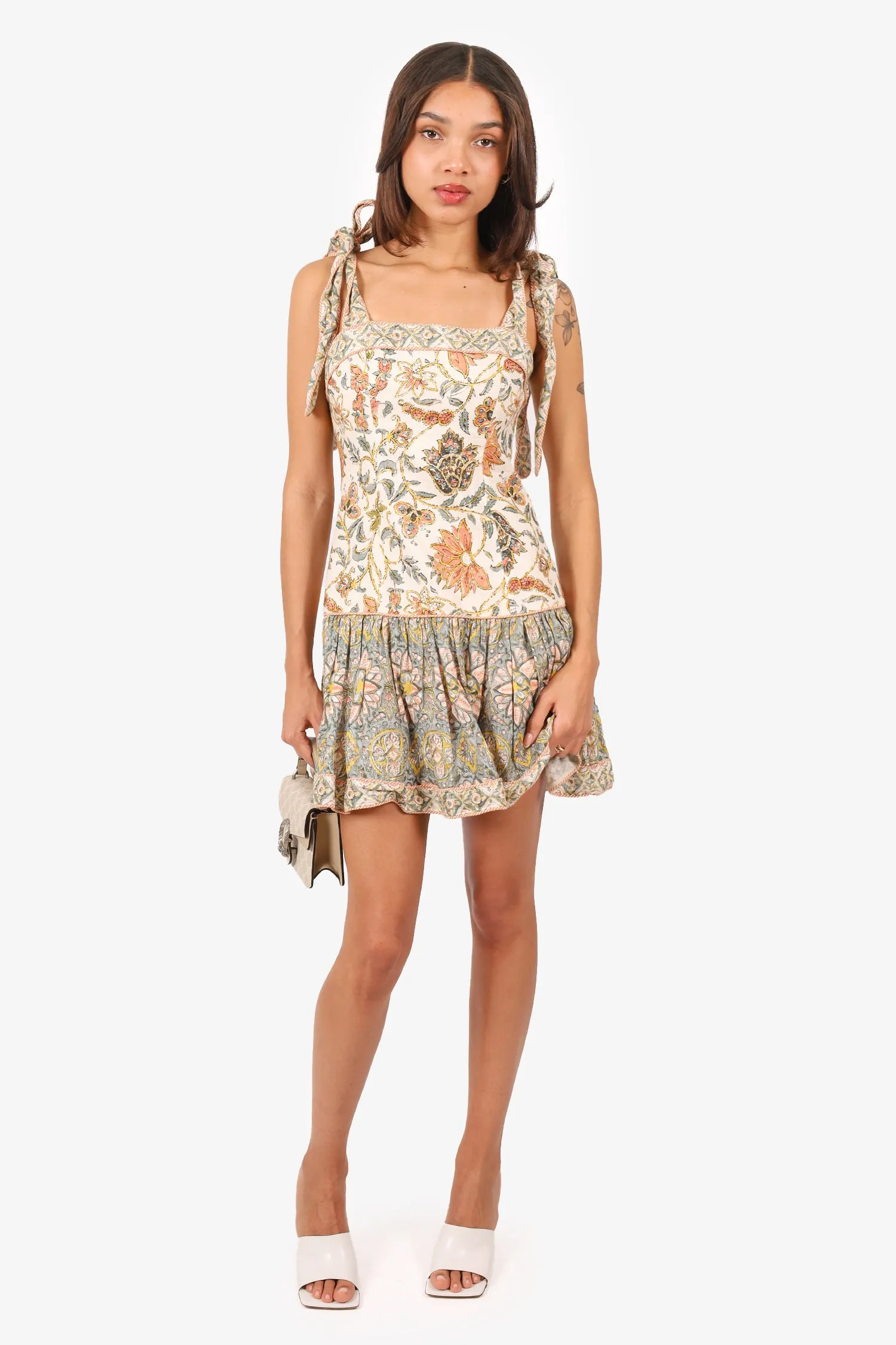 Zimmermann Robe mini nouée en lin à imprimé floral Beige/Multicolore Taille 1